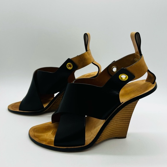 Chloe Black and Tan Wedge Slingback Sandals with Leather Cross-Strap Est SZ 10 - Picture 1 of 15